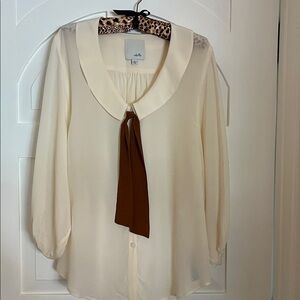 Cream Silk Blouse with Brown Tie